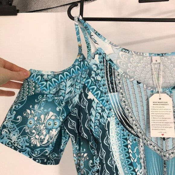 NWT teal blue cold  shoulder peacock print dress small - Picture 11 of 16